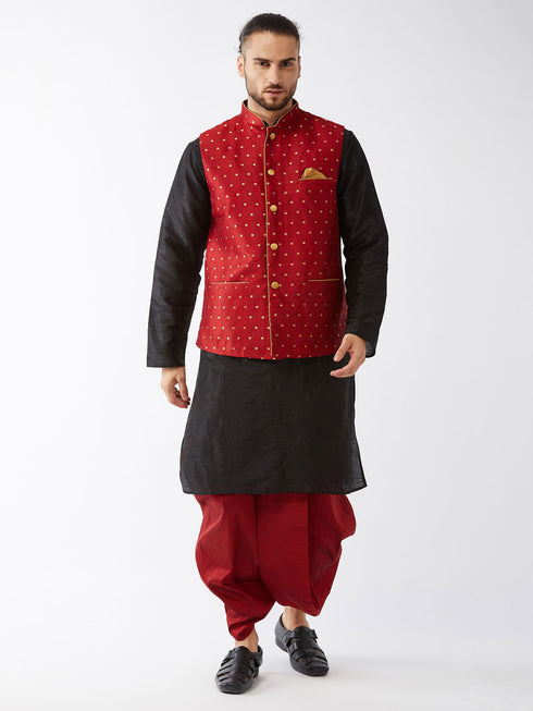 Vastramay Men's Maroon Zari Weaved Jacket With Kurta Dhoti Set